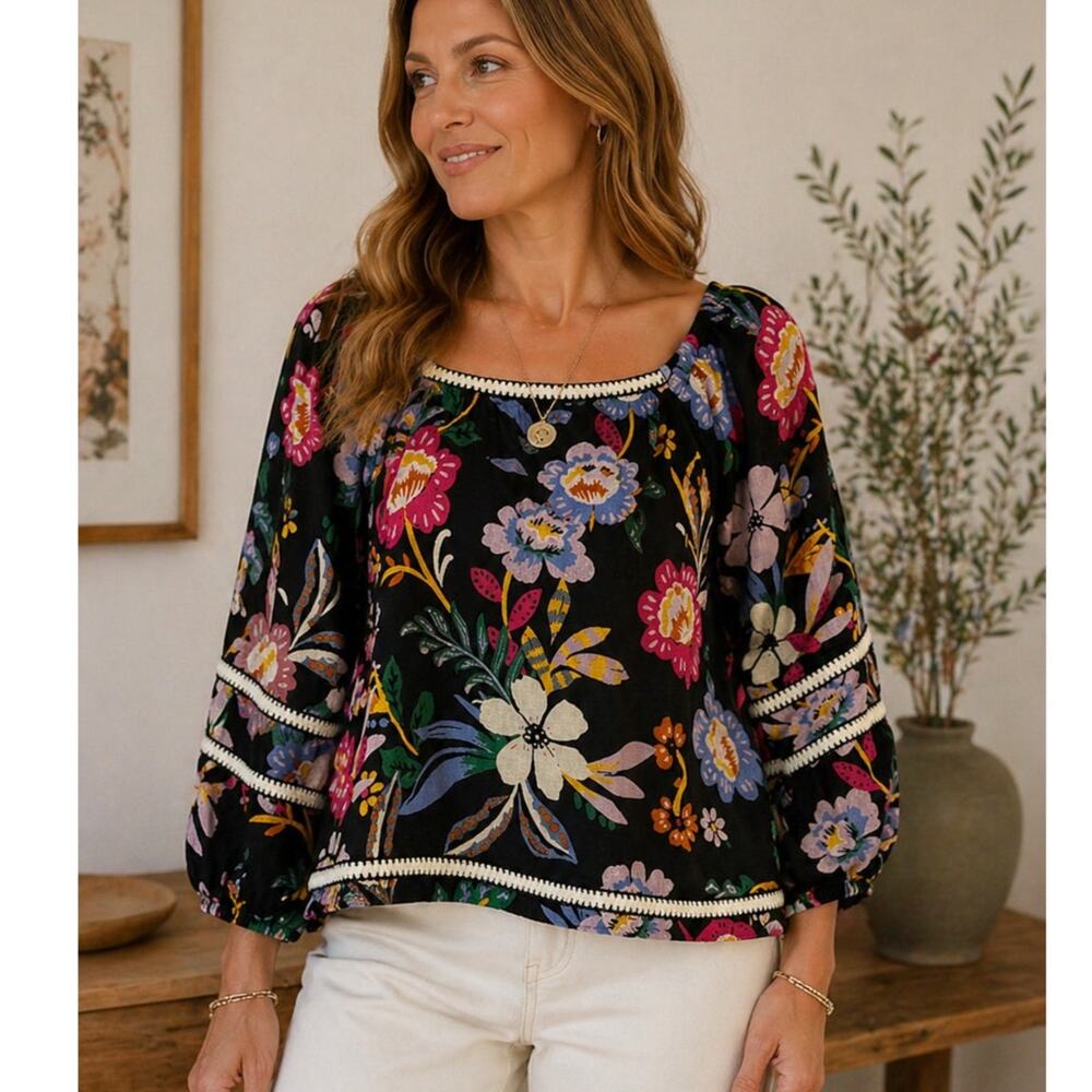 C&C California Linen Floral Boho Blouse Size S
